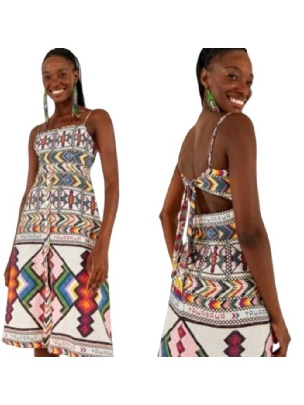 Farm Rio Amulet Yawanawa Aztec Midi Dress Sun Large Linen Blend Boho Festival